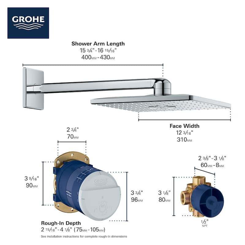 Grohe Rainshower 1.75 GPM Multi Function Square Shower Head with