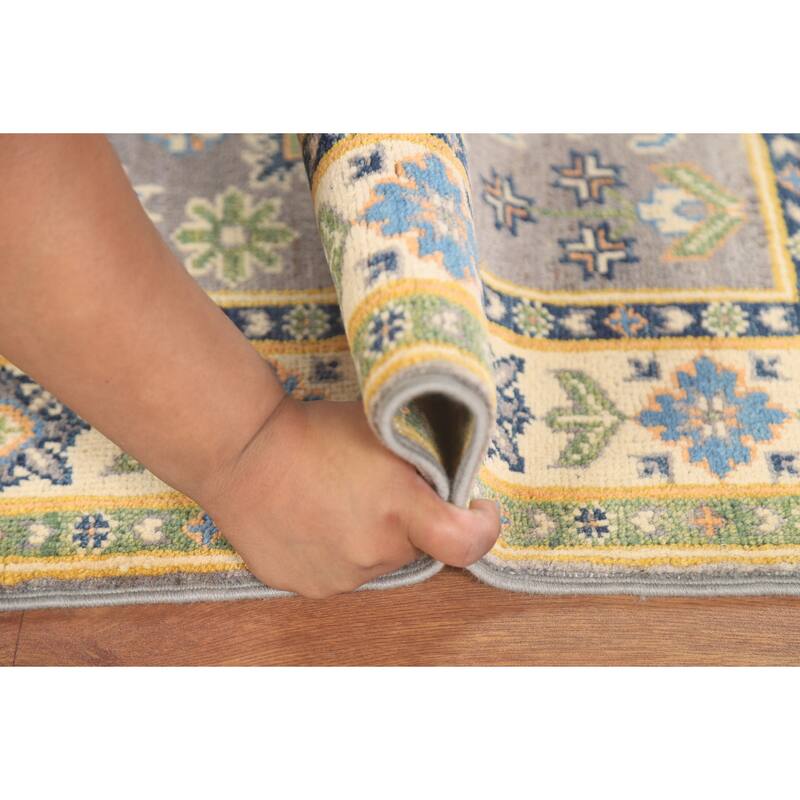 Gray Geometric Kazak Oriental Accent Rug Handmade Wool Carpet - 2'9" x 3'10"