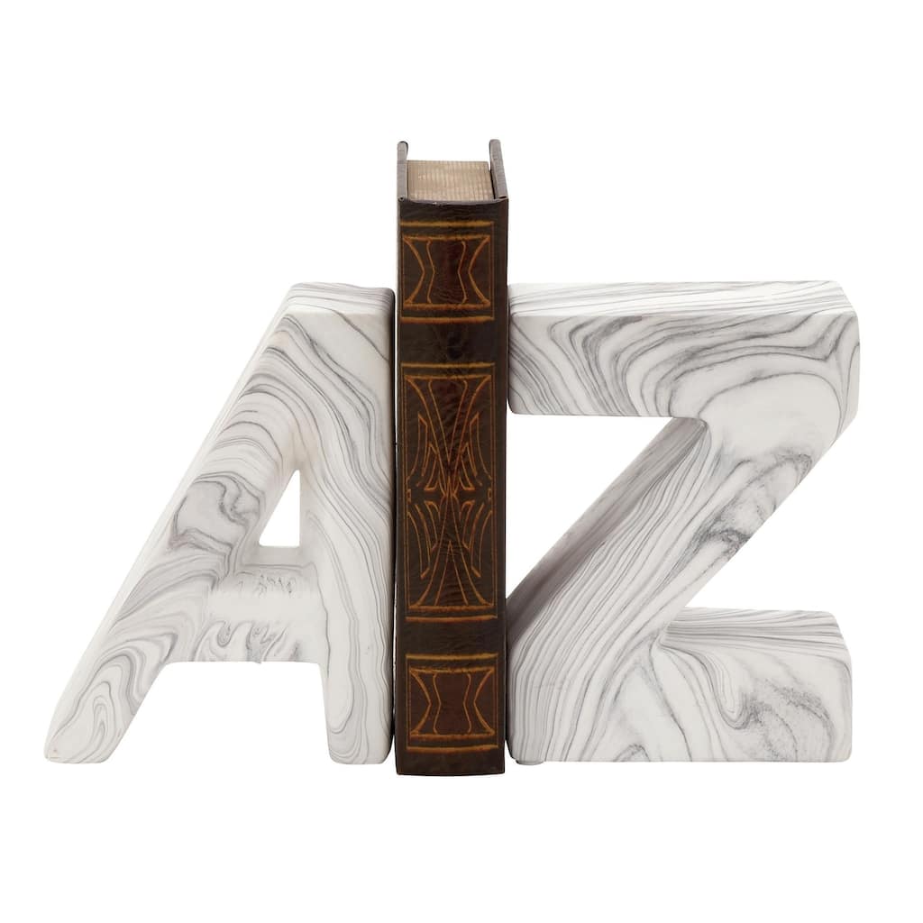 Ceramic Text A Z Decorative Bookends with Faux Marble Finish - Set of 2 White - CosmoLiving by Cosmopolitan
