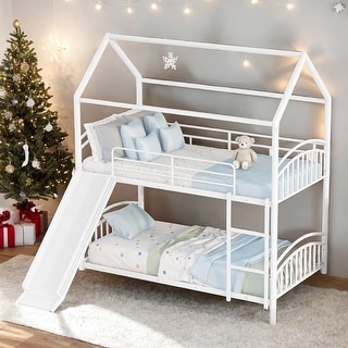 Elegant Friendly Design Twin over Twin Metal Kids House Bunk Bed with Built-in Slides and Climbing Ladders, Convertible, White