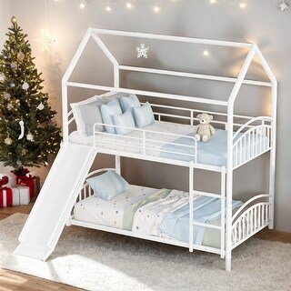 Twin over Twin Metal Bunk Bed with Slide and Ladders, White - Bed Bath ...