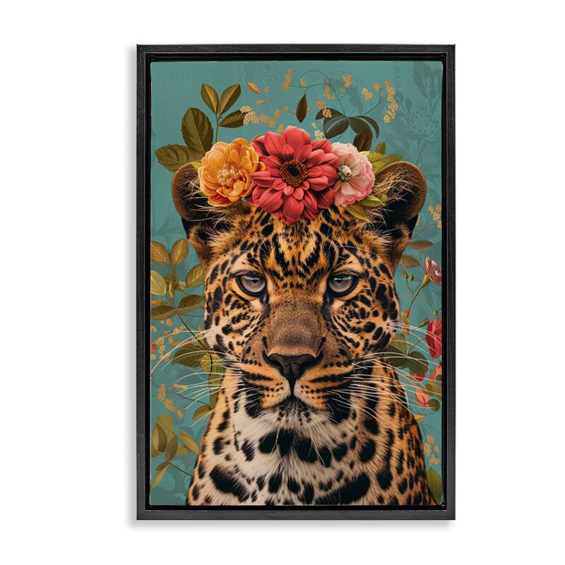 Stupell Floral Crown Wild Cheetah Framed Floater Canvas Wall Art Design By LSR Design Studio - 21 x 31 - Black