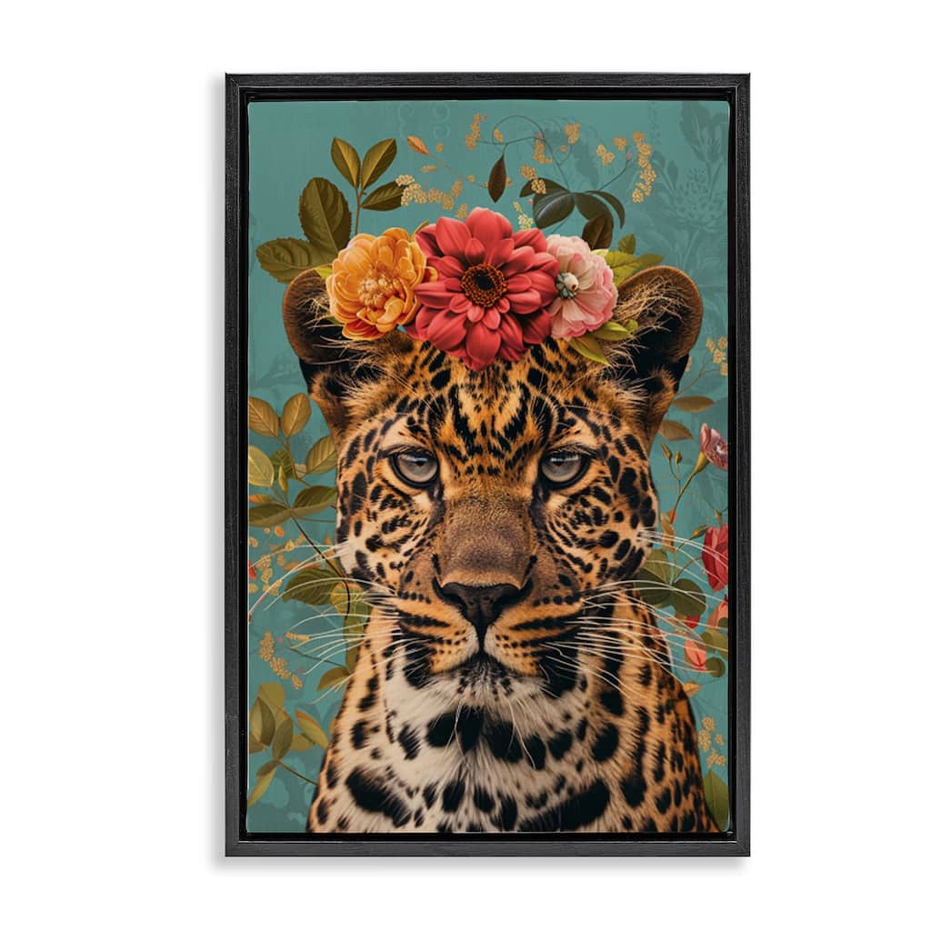 Stupell Floral Crown Wild Cheetah Framed Floater Canvas Wall Art Design By LSR Design Studio