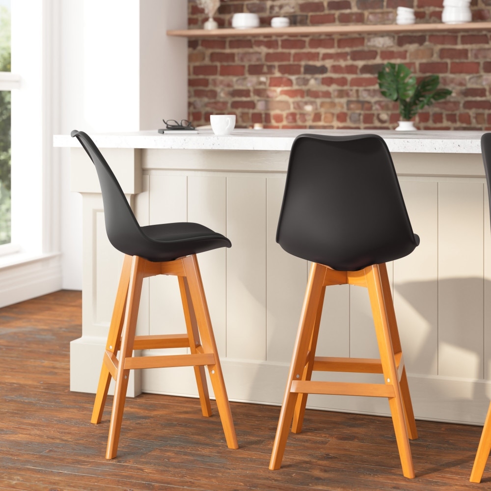 Plastic Bar Stools with Wooden Frame and Upholstered Seat Cushion Black Natural