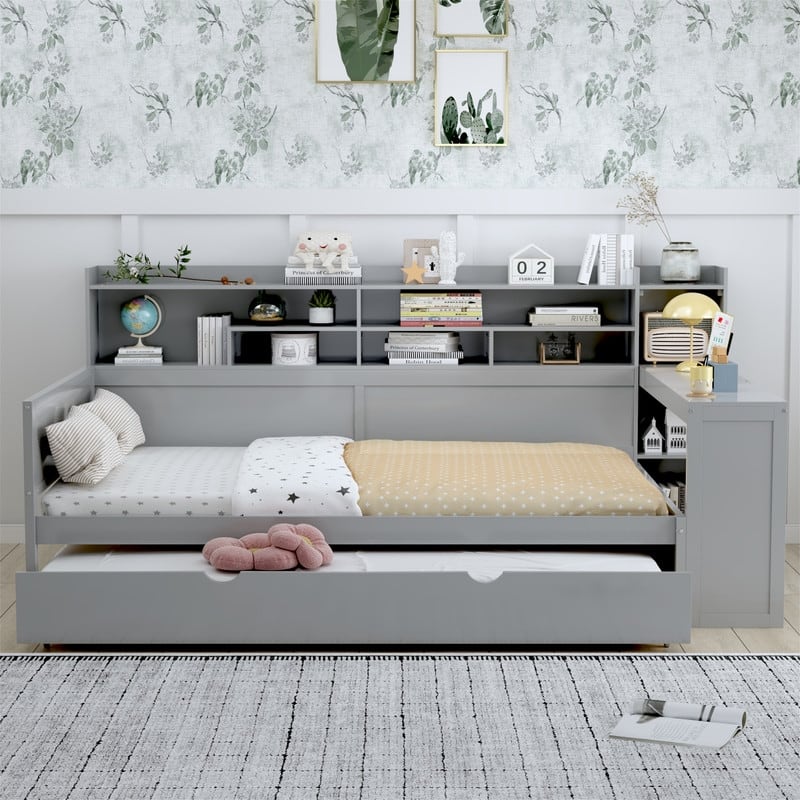 Wooden Daybed with Study Desk and Twin Size Trundle, Twin/Full Size Daybed Frame Sofa Bed with Storage Shelves