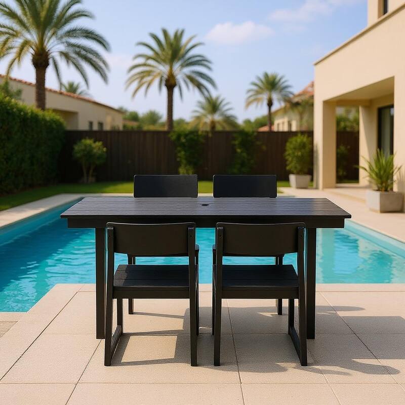 5-Piece HDPE Outdoor Dining Set for 4 - Weather-Resistant Patio Table with Umbrella Hole and 4 Armrest Chairs - Black
