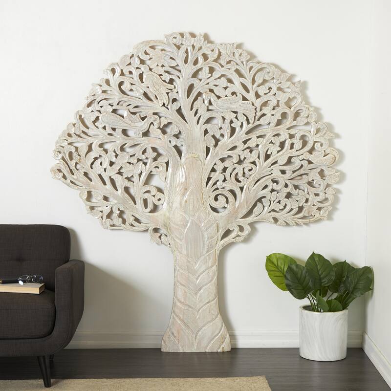 Mango Wood Tree Large Carved Home Wall Decor with Scrollwork - White or Brown - Roche River Decor