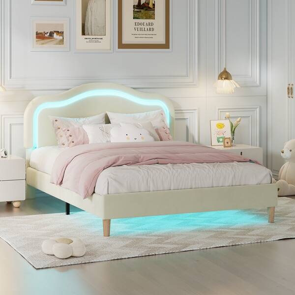 slide 2 of 68, Velvet Upholstered Platform Bed Smart LED Bed Frame with Adjustable Height Headboard, Noise-Free Slat Support for Night's Sleep Beige - Full