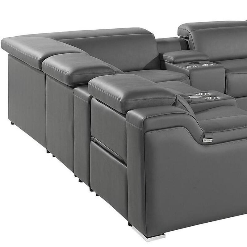 HomeRoots Dark Gray Italian Leather Power Reclining U Shaped Twelve Piece Corner Sectional With Console