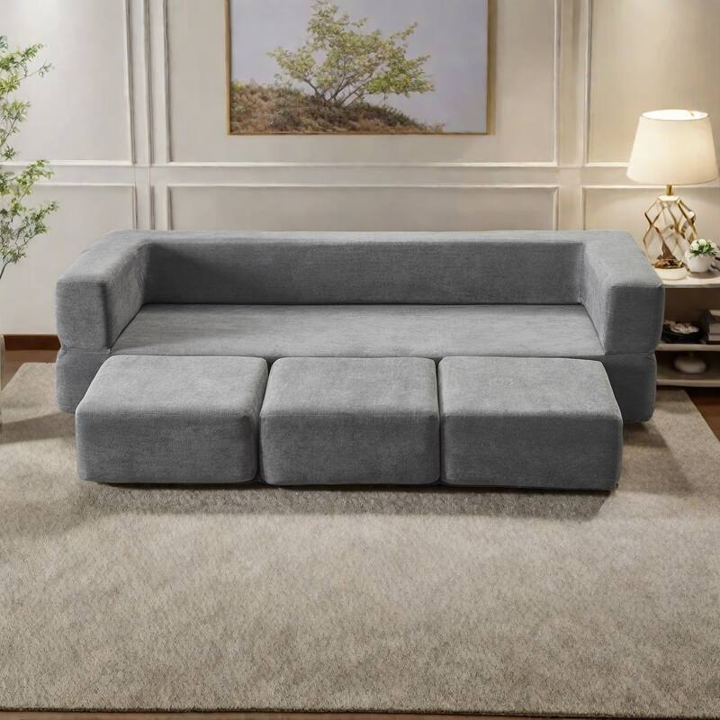 79.14" Chenille 3-Seater Sofa with High-Density Foam, Zippered Removable Cover and Foldable Play Mat - LIGHT GREY