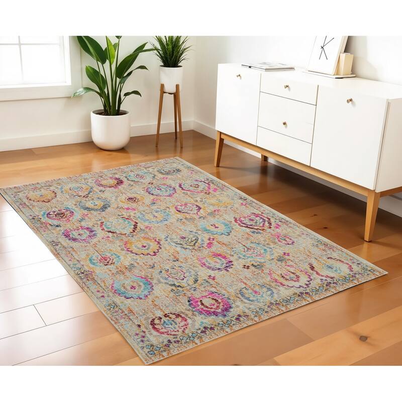 HomeRootsFloral Transitional Rectangle Area Rug - 72' X '48' X '0.5 - 72' X '48' X '0.5 - Orange/Pink/Ivory
