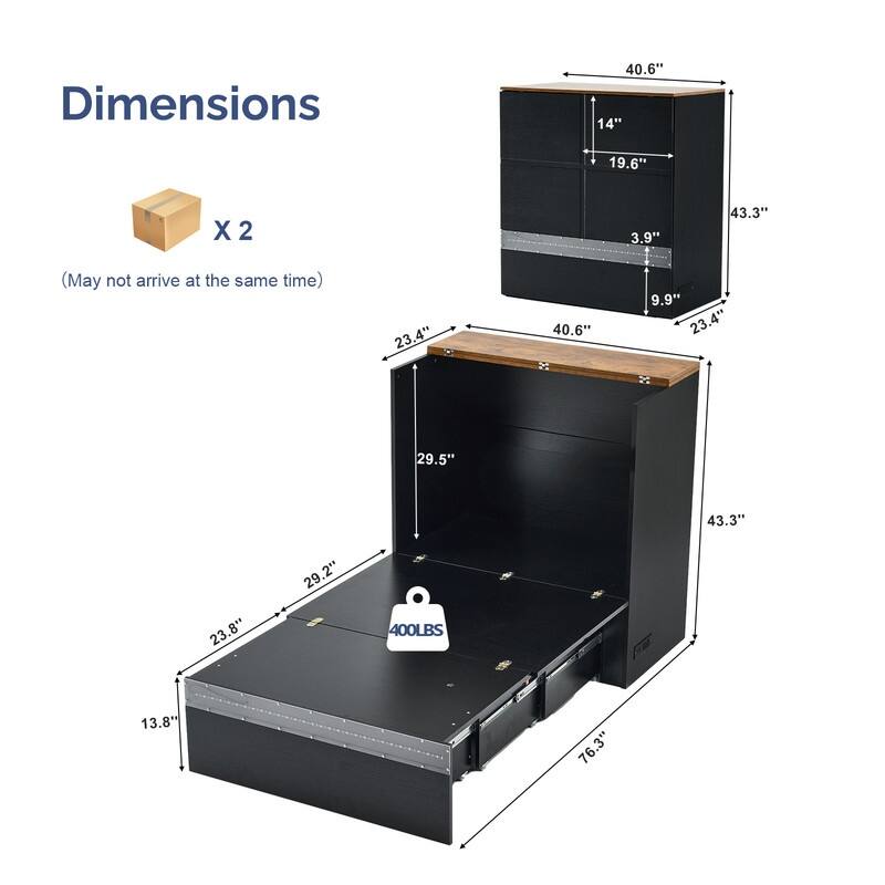 Murphy Bed with Storage Drawer,Smart LED Lighting & Built-in Charging Station, Space-Saving Cabinet Bed for Kids,Adults,Black