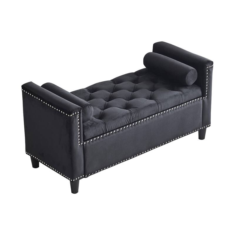 Accent Stool Bedroom End of Bed Bench with Tufted Buttons, Storage Stool Leisure Stool with Armrests and Flap