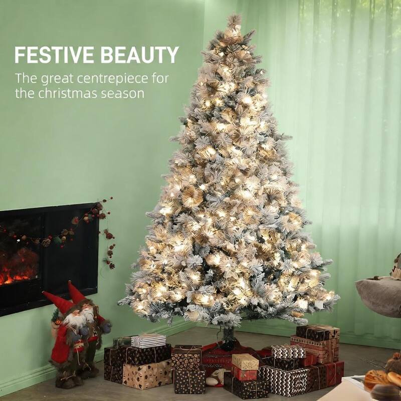 Flocked Artificial Christmas Tree - Clear Lights, Metal Stand, Home Holiday Decor - Green