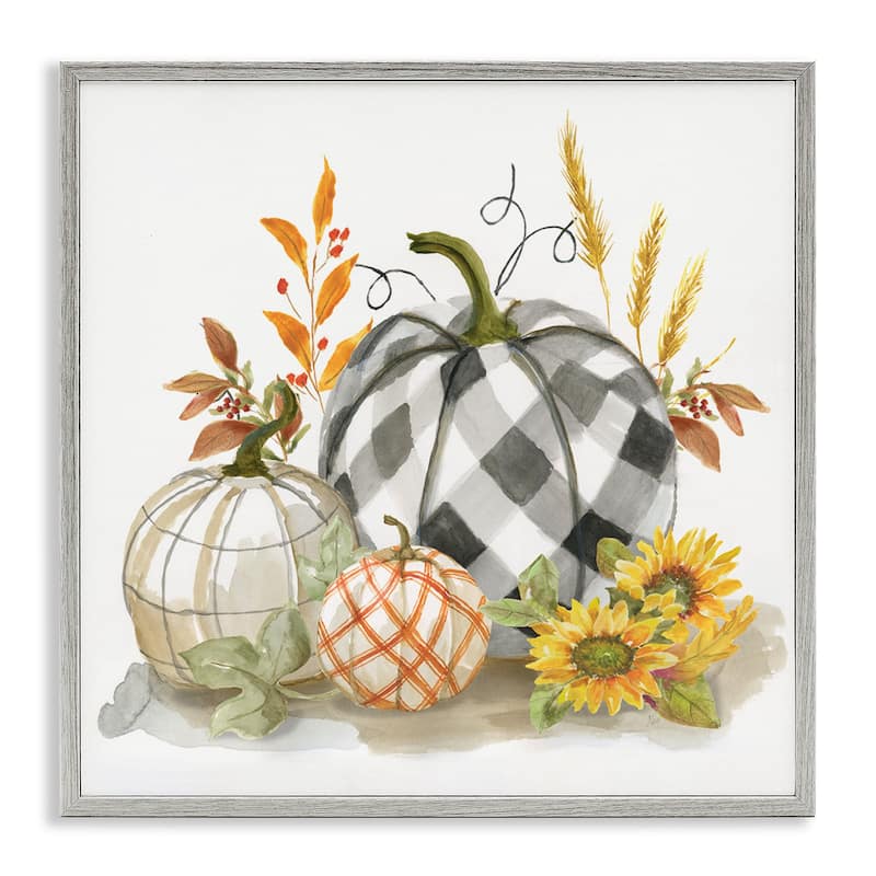 Stupell Patchwork Patterned Pumpkins Fall Harvest Still Life Framed Wall Art - 12 x 12 - Grey