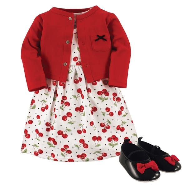 slide 1 of 1, Hudson Baby Infant Girl Cotton Dress, Cardigan and Shoe 3pc Set, Cherries 0-3 Months - Cherries