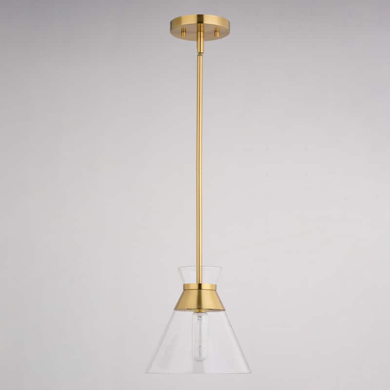 Harper 1L Gold Brass Mid-Century Modern Pendant Light Clear Glass - 8.5-in W x 19.25-in H x 8.5-in D