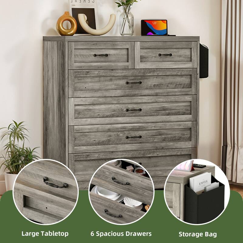 Vintage Double Dresser Chest of Drawers with Charging Station and Side Organizer Bag
