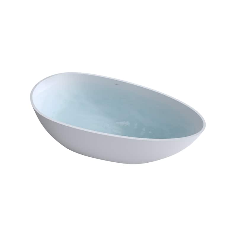 Solid Surface Freestanding Soaking Bathtub with Center Drain and Pop-up Drain, Modern Matte White Tubs with Overflow