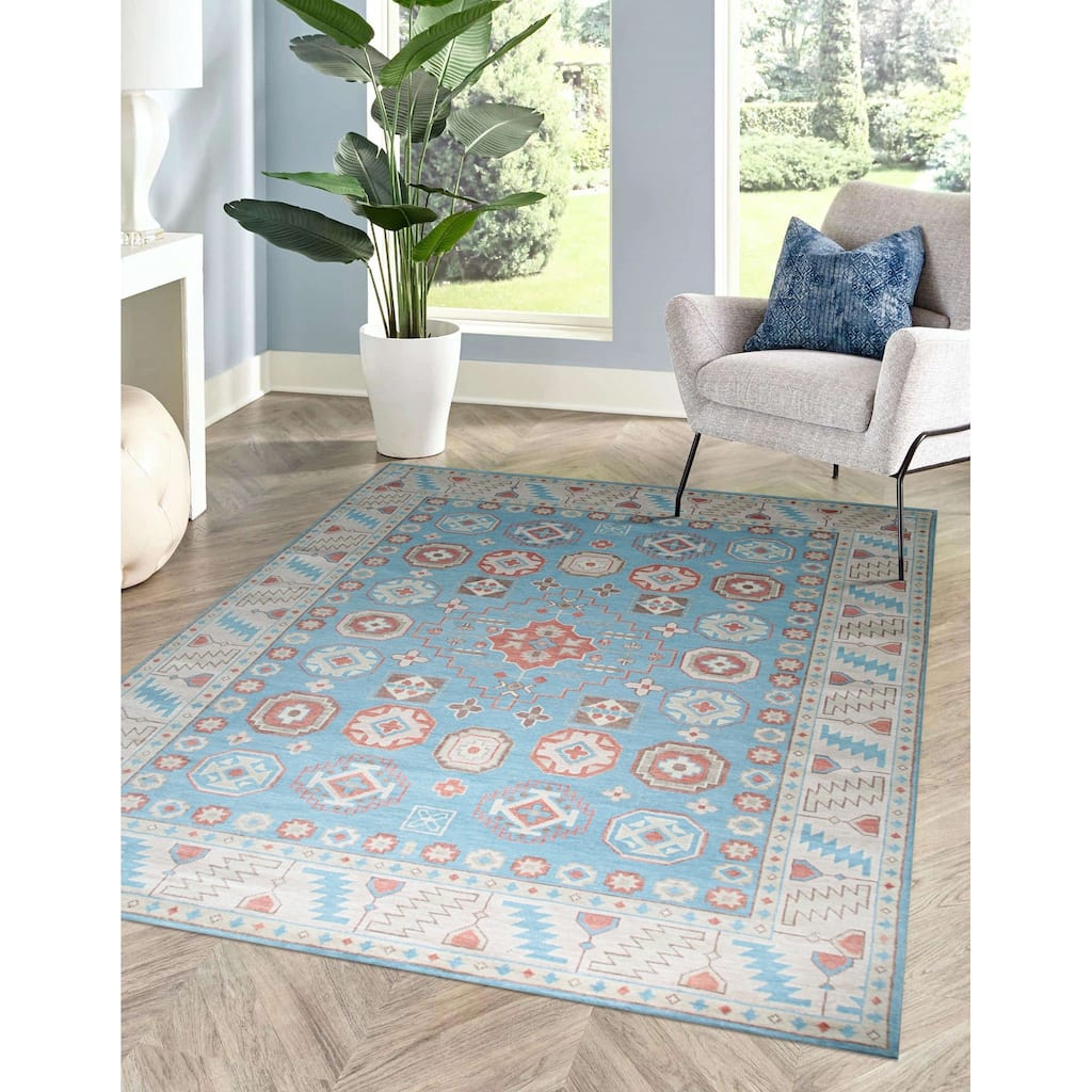 Light Blue Classic Traditional Geometric Area Rug, Elegant Soft Texture for Living Rooms or Bedrooms - L