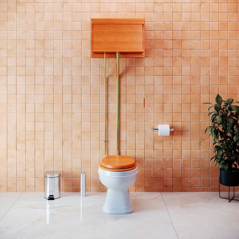 Light Oak Wooden High Tank Toilet Flat Tank, Round White Bowl and Brass PVD L Pipes