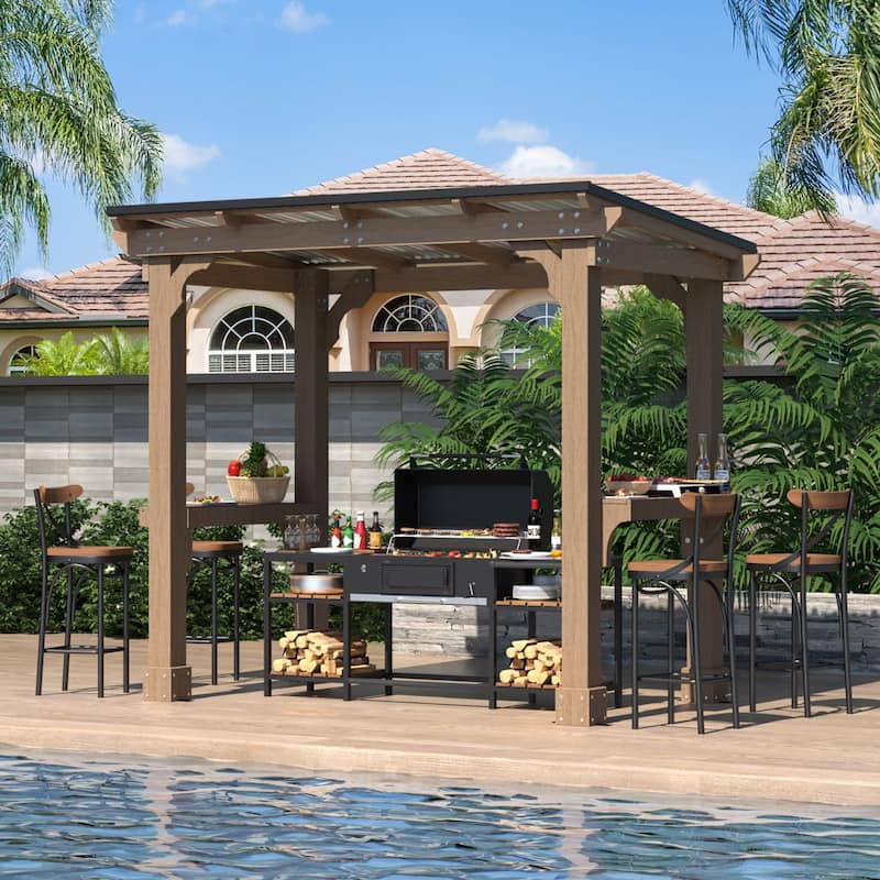 VEIKOUS Wood BBQ Grill Gazebo with Steel Roof for Patio Garden Backyard and Lawn
