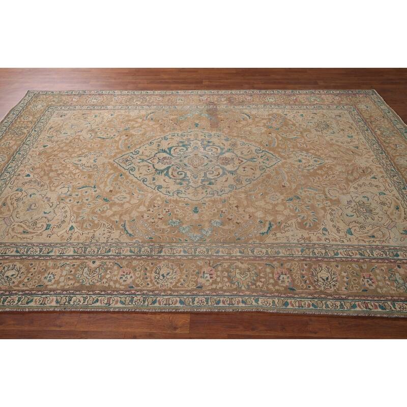 Light Brown Tabriz Persian Vintage Area Rug Handmade Wool Carpet - 6'7"x 9'7"