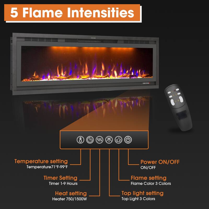 52" 1500W Inserted Wall Mounted Modern Smart Electric Fireplace Heater with APP Control and Remote