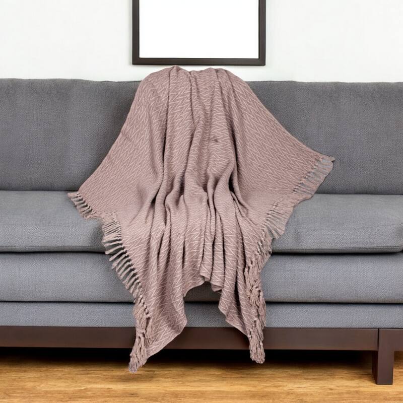 HomeRoots 52" X 67" Brown Woven Cotton Chevron Throw Blanket with Fringe - Throw