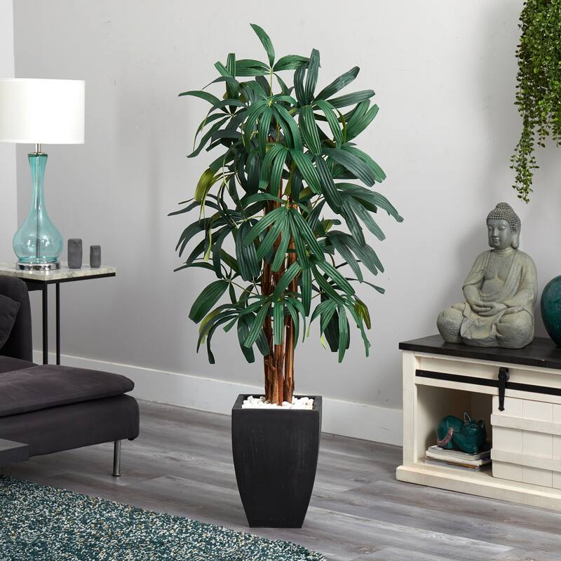 Artificial Palm Tree - 5.5ft Raphis Indoor Tree in Planter - Faux Tropical Plant Decor - Green - 51-60 Inches