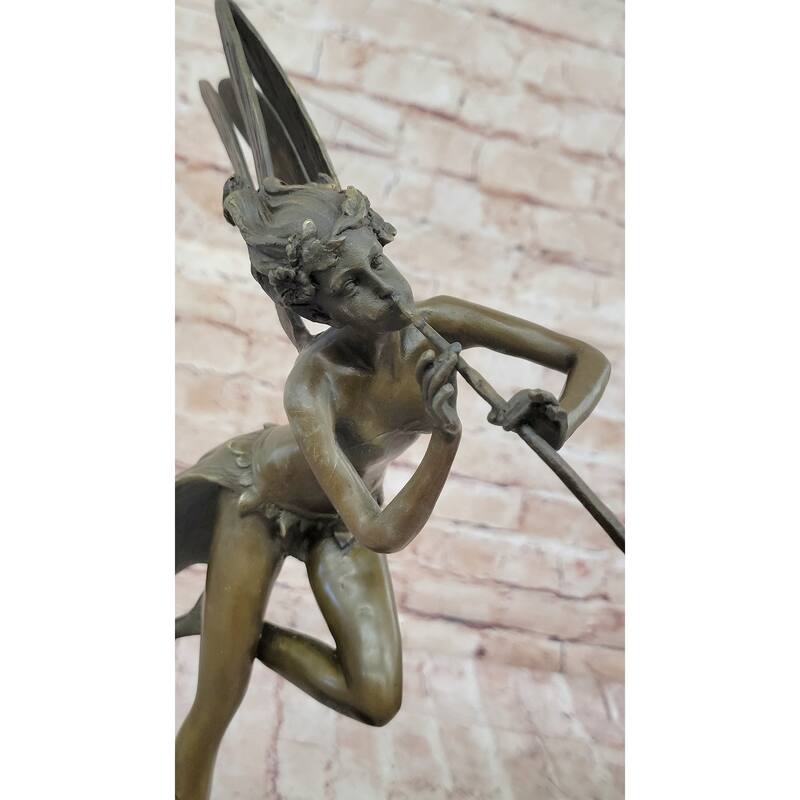 Trumpeting Winged Angel Fairy Garden Statue Bronze Sculpture Signed Art 15 Inches X 10 Inches