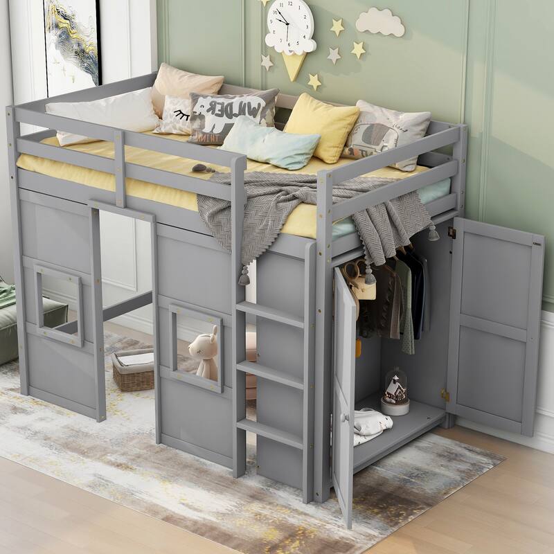 Twin Size House Loft Bed with Built-in Wardrobe & Guardrail, Wooden Twin Loftbed Frame with Large Under-Bed Space for Kids Teens - Gray - Twin