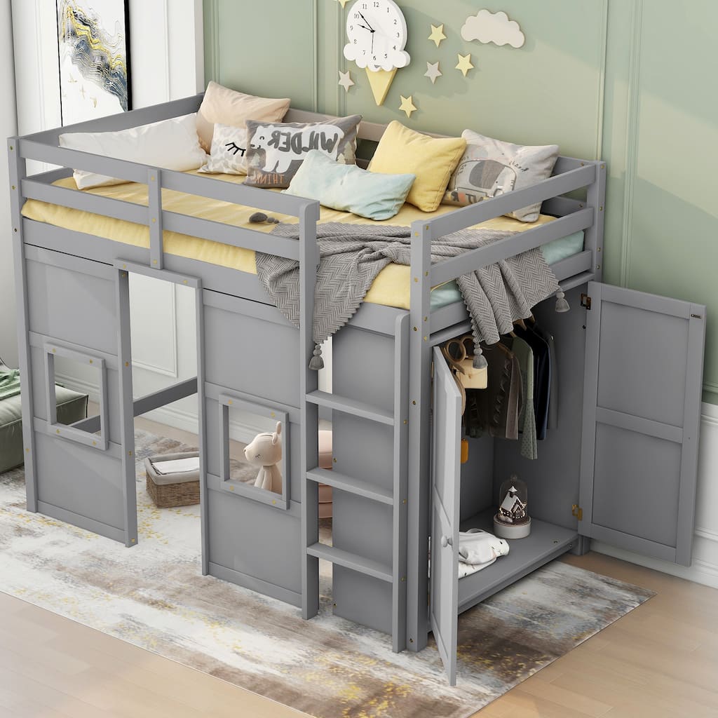 Twin Size House Loft Bed with Built-in Wardrobe & Guardrail, Wooden Twin Loftbed Frame with Large Under-Bed Space for Kids Teens