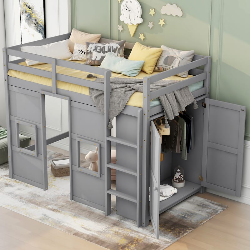 Wood Twin Size Loft Bed with Built-in Storage Wardrobe and 2 Windows w/Full-Length Guardrails, No Boxing Spring Needed - Gray