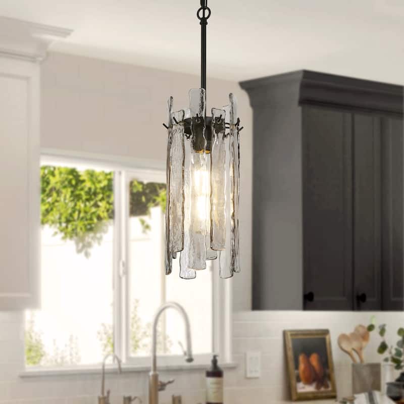 Modern 1-Light Black Cylinder Pendant Light Texture Glass Island Light - D 7.9" x H 16.5"