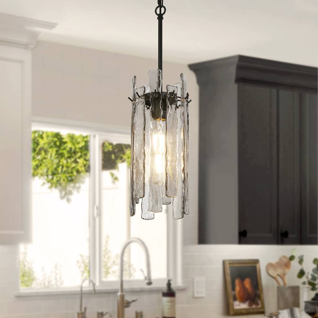 Modern 1-Light Black Texture Glass Pendant Light for Kitchen Island Dining Room - D 7.9" x H 16.5"