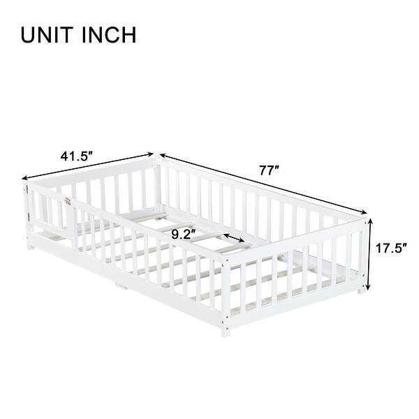 dimension image slide 2 of 5, Rubber Wood Floor Bed with Fence and Door,Twin Size