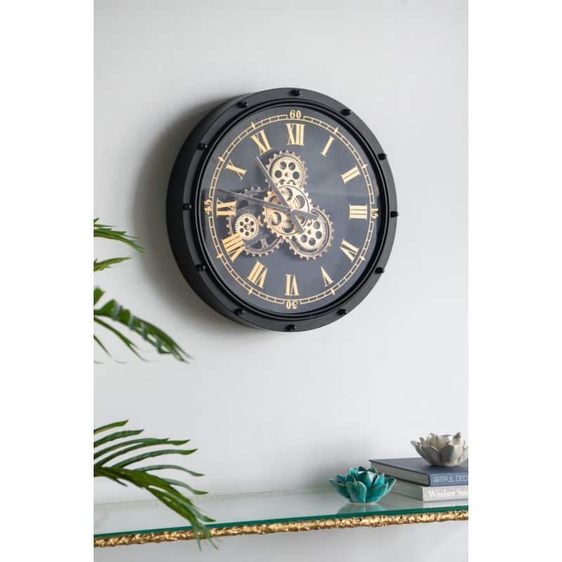 Large Roman Numeral and Bolted Gear Wall Clock - 19.75" - Black and Gold
