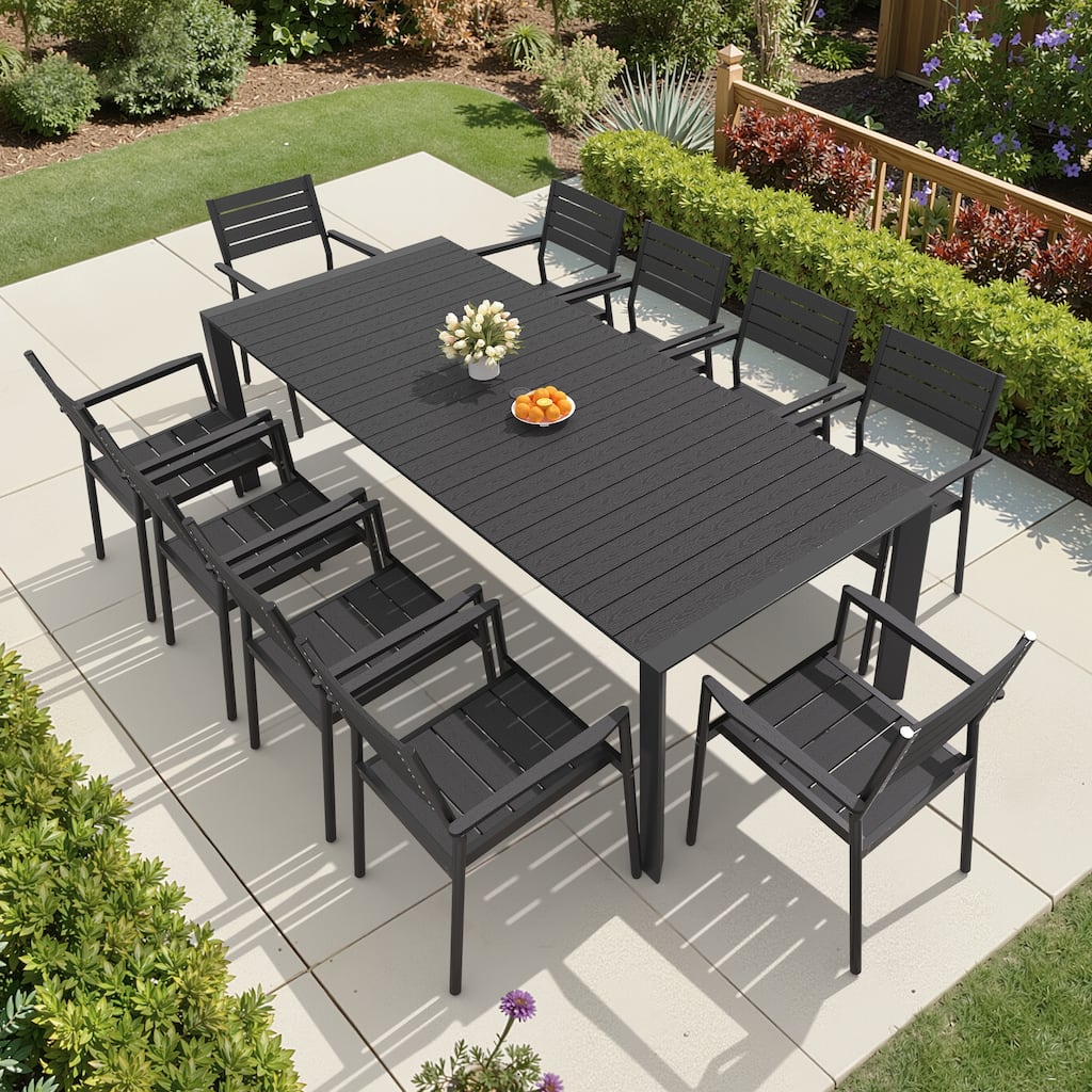 7/9/11-Piece Set Outdoor Aluminum Dining Table with Umbrella Hole and Stackable Dining Chairs