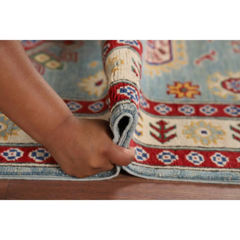 Light Blue Kazak Oriental Runner Rug Hand-Knotted Wool Carpet - 2'11" x 13'9"
