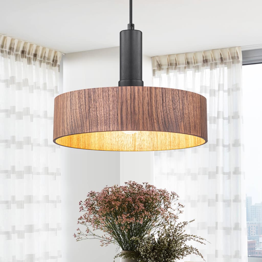 Modern Matte Black Pendant Light with Wood Shade Kitchen Fixture - Dia.12-in