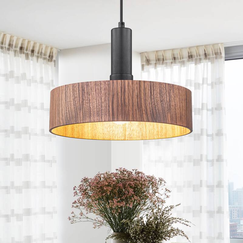 Modern Matte Black Pendant Light with Wood Shade Kitchen Fixture - Dia.12-in - Dia.12-in