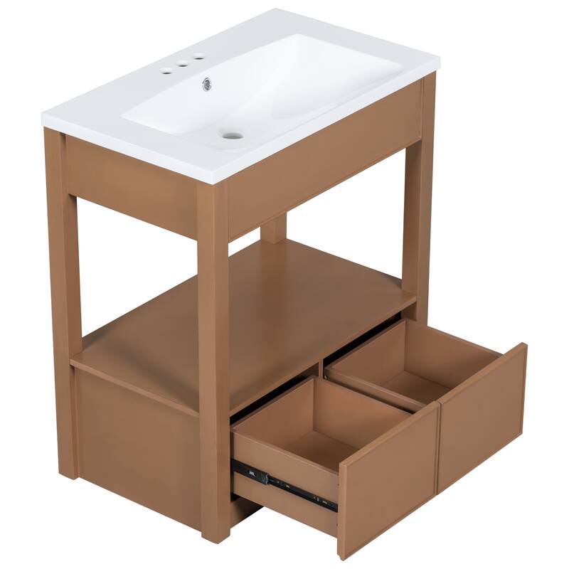 Modern 30-Inch Bathroom Vanity with Ceramic Sink, Open Storage Shelf, and Two Drawers, Brown