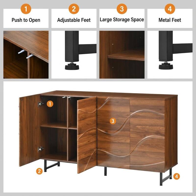 Anmytek Modern Wave Relief Solid Wood Sideboard, Walnut Texture, 59 Inch Storage Cabinet with Iron Legs for Living Room