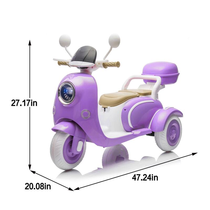 12V 2-Seater Kids Electric Ride-On Motorcycle for Ages 3-6, Three-Wheel with Bluetooth & USB - Purple