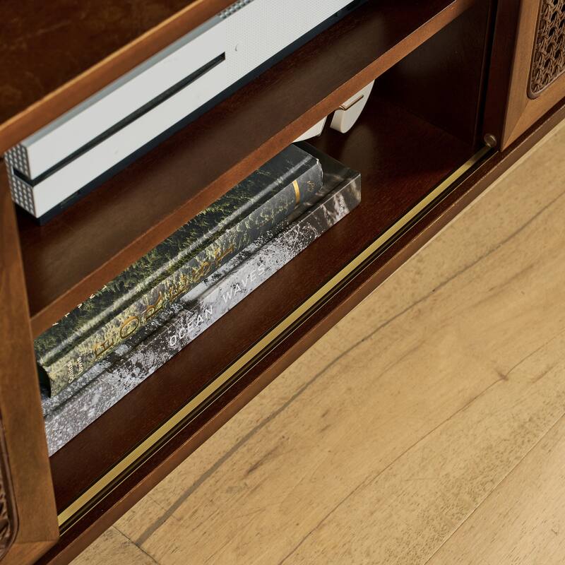 Mid-Century Modern Rattan TV Stand for TVs up to 75" with 2 Sliding Doors and Solid Wood Legs, for Living Room, Walnut