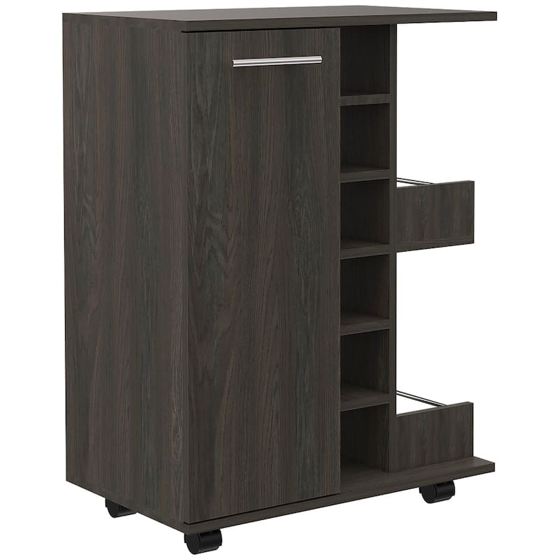 TUHOME Bar Cart, Two External Shelves, Four Casters, Six Built-in Wine Rack and Single Door Cabinet - 23" W x14"D x 32"H - Espresso