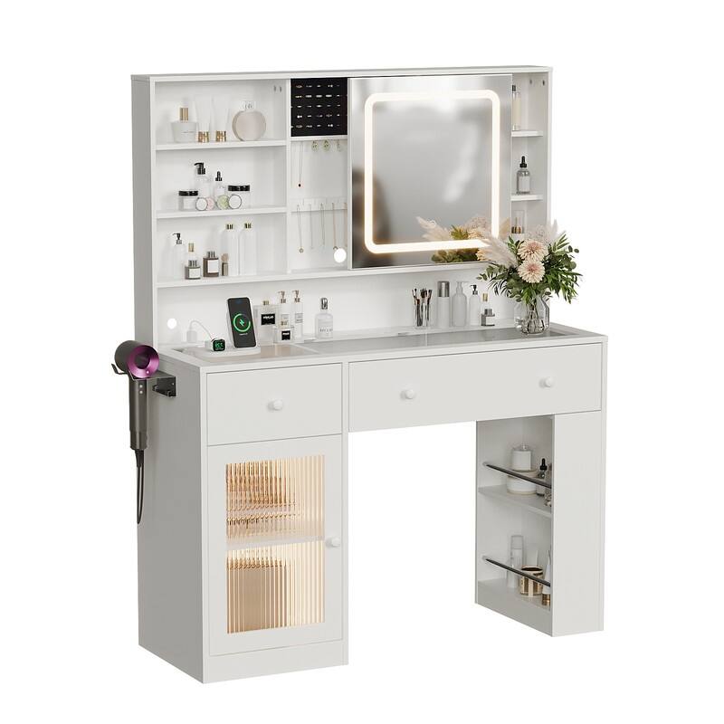 Particle Board Veneered , 2 Drawers, 1 Glass Door, Left and Right 2-tier Shelves, Glass Tabletop, Dressing Table - N/A - White