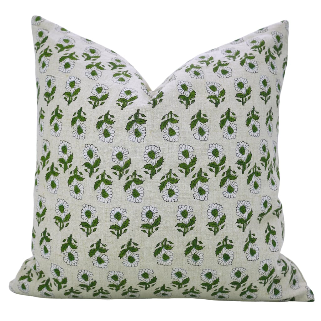 Fabdivine Soft Pure Linen Boho Floral Handmade White Cushion Cover 26x26 Inch Rustic Farmhouse Bed or Couch Décor, Ashok