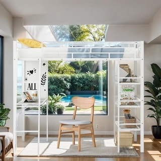 Stylish & Simple Metal Frame Twin Size Loft Metal Bed with 3 Layers of Shelves, Whiteboard and Desk, Maximized Space, White